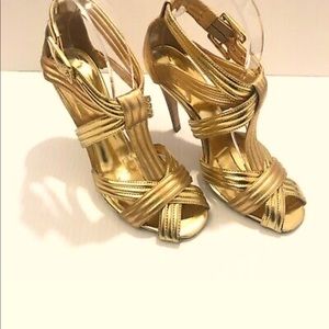 TORY BURCH Women's Gold Leather ZANDER Sandal Heels Sz 8M HOT!! Retail - $375
